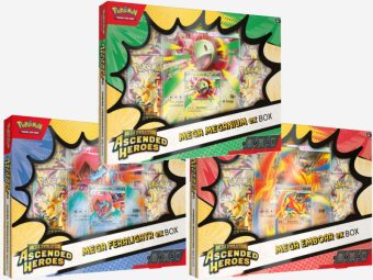 Ascended Heroes Mega Meganium ex, Mega Feraligatr ex and Mega Emboar ex boxes